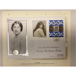 Four coin covers, comprising 2000 'The Queen Mother's 100th Birthday Silver Coin & Banknote Cover' limited edition 56/500, 2000 'Charles Darwin Commemorative Coin & Banknote Cover' limited edition 68/500, 2001 'Celebrating the 100th Birthday of Her Majesty The Queen Mother' containing  a 1999 silver one pound coin and 2001 'Royal Navy Submarines 100th Anniversary Cover' containing 2001 Turks & Caicos Islands 20 crowns silver coin