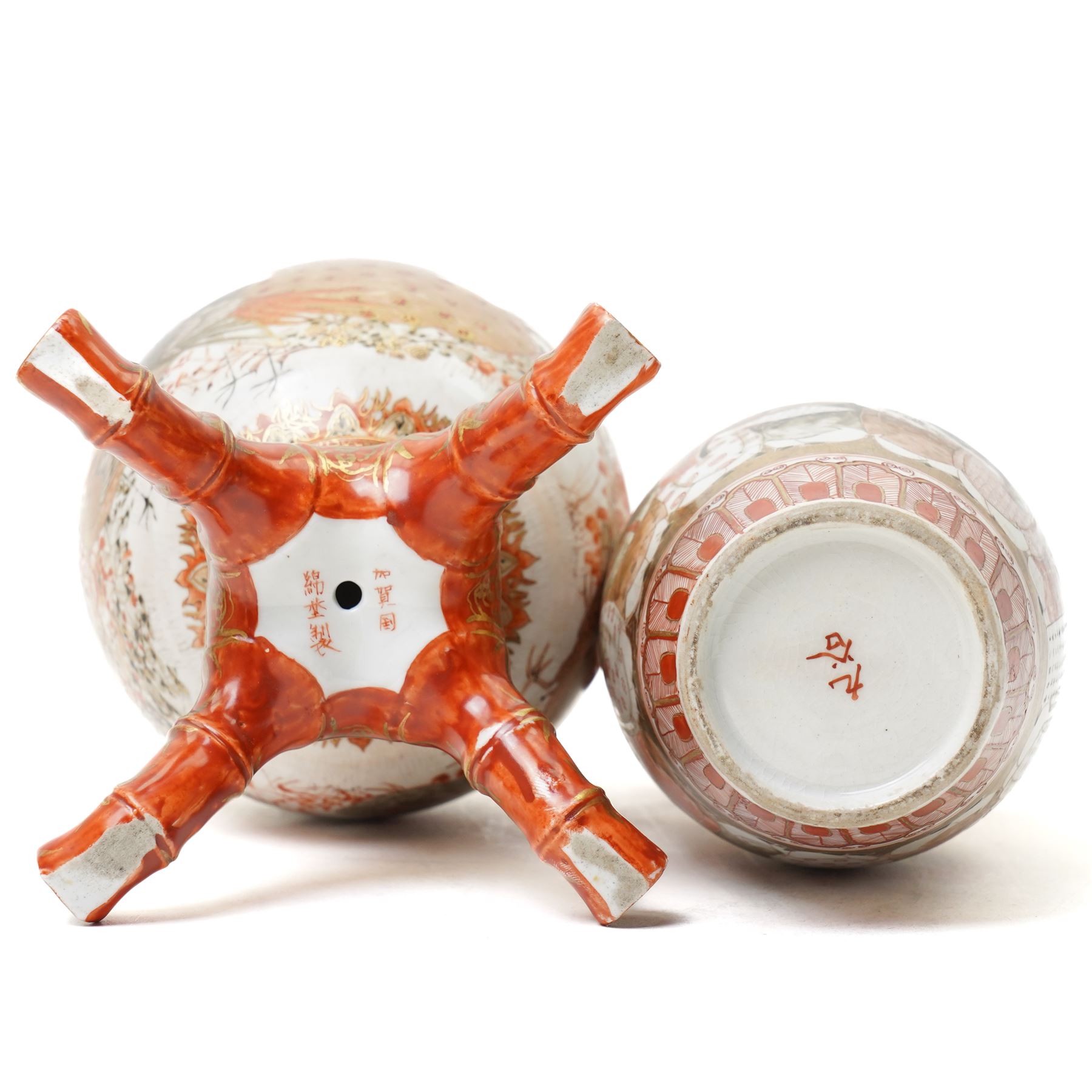 Collection of 19th century Japanese Kutani wares, including two pairs of vases, a twin handled vase painted with elder figures, and one other vase with imitation bamboo feet, painted with birds, largest H23cm (6)