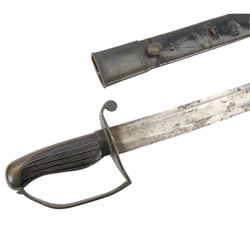 Georgian short sword, with 64cm curved single edge blade, iron guard with side loop and fluted ebony grip, with leather scabbard, L76cm