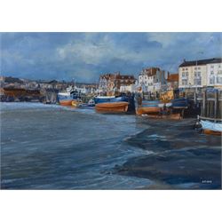 A E Gray (Mid/late 20th century): Fishing Boats in Scarborough Harbour, oil on board signe...