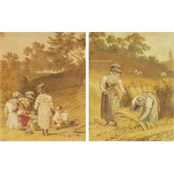 After Francis Wheatley RA (British 1747-1801): 'The Harvesters', pair early 19th century watercolours 11cm x 9cm in original birdseye maple frames (2)
