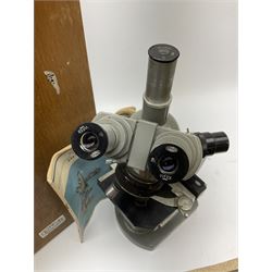 Olympus binocular microscope, numbered '222161', H37cm, in wooden case, untested