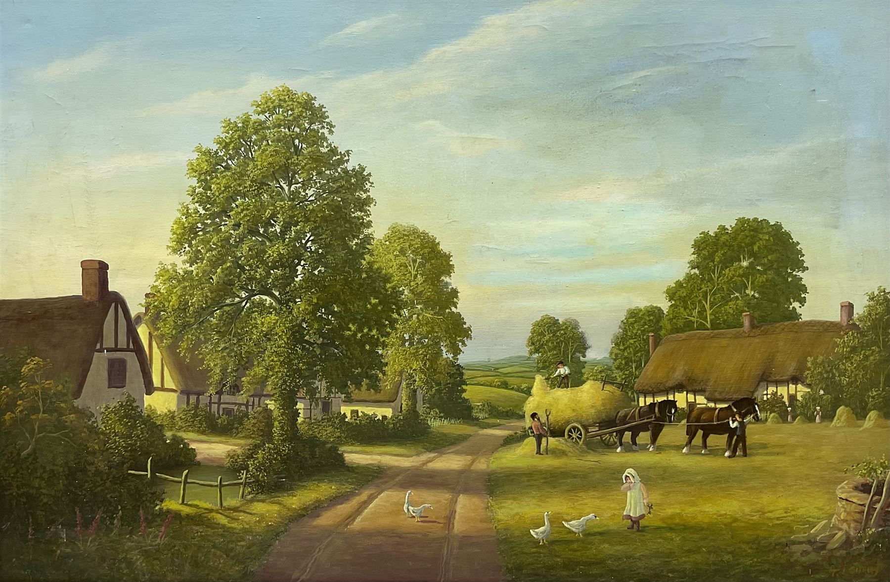 AJ Curry (English Naive School 20th century): Village Scene with Haycart and Figures, oil on canvas signed 50cm x 75cm; Continental School (20th century): Woodland Pond Landscape, oil on canvas indistinctly signed 50cm x 75cm (2)
