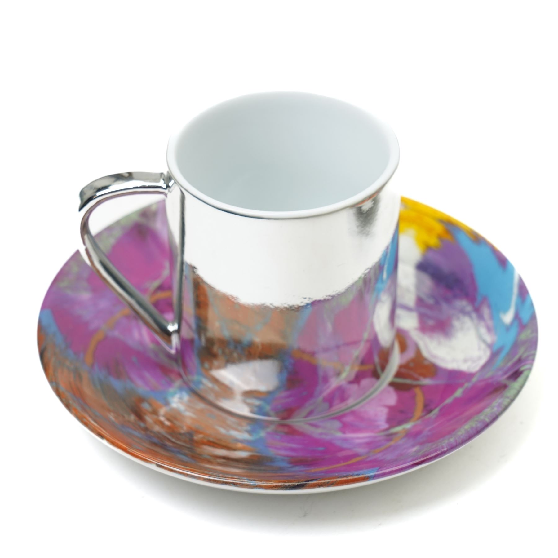 Damien Hirst (British 1965-); set of six anamorphic silver lustre espresso cups and saucers of various designs