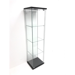 Square glass display cabinet, single hinged door enclosing three shelves, W43cm, H164cm, D37cm