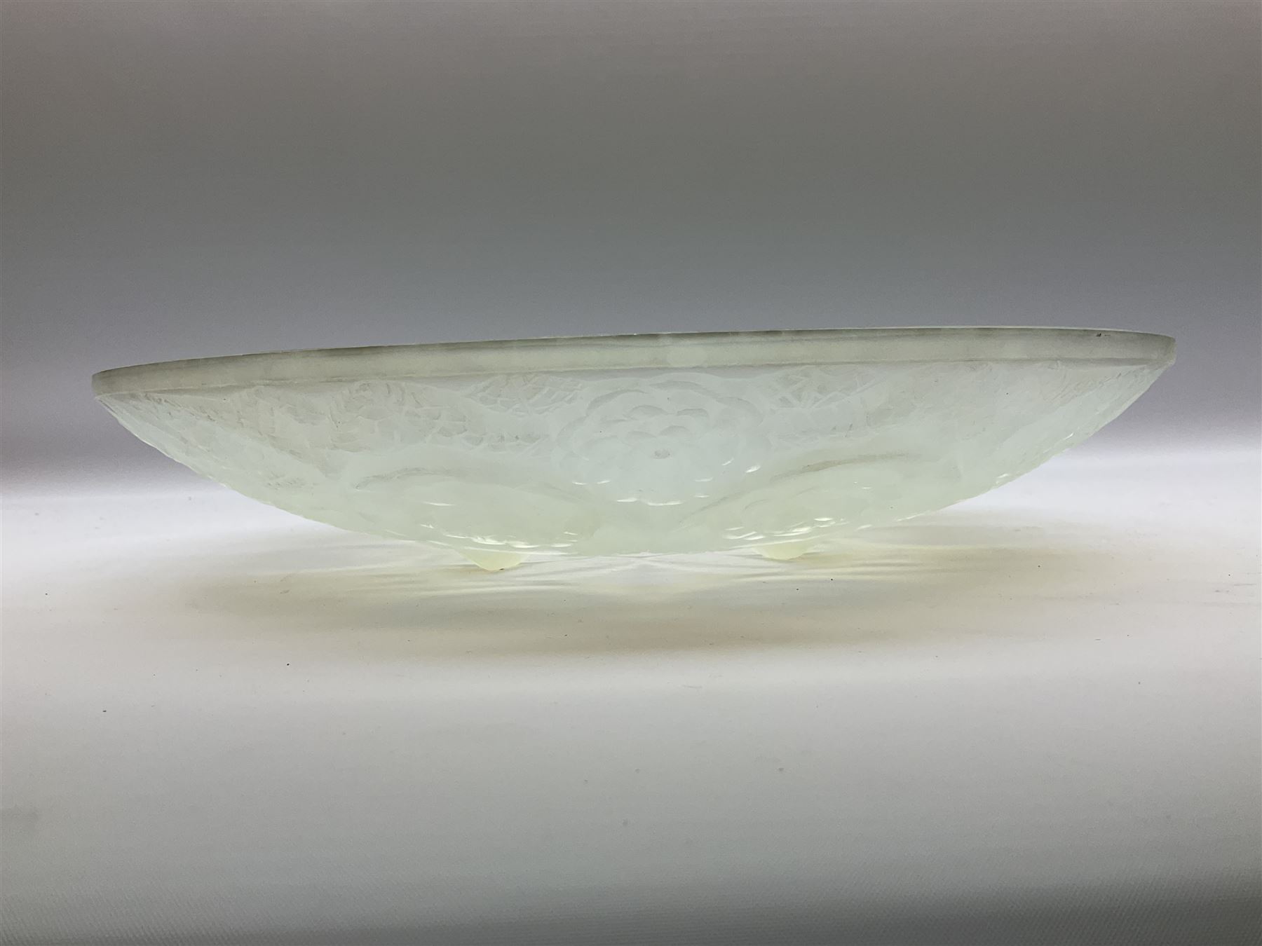 Early 20th century French opalescent shallow glass dish, with moulded floral decoration, D31.5cm