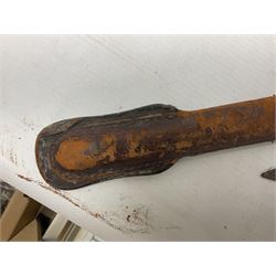 George V 1897 pattern Infantry officers sword, the 82cm single fullered blade with traces of etched detail and George V crown cipher, the ricasso marked Hawksworth Sheffield, pierced half basket hilt with George V cypher, wire-bound fish-skin grip with brass pommel and backstrap; in leather scabbard L102cm overall; together with two sectional gun cleaning rods; swagger stick made of leather strips etc