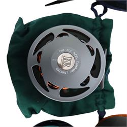 Three fly fishing reels, comprising The Fly Reel Company Limited Reel Britannia RB1 reel, Ross Reels Momentum 6 and a Vosso HD 911, all within pouches