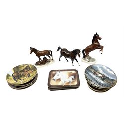Royal Doulton bay horse figure, together with two similar examples on ceramic plinths and a quantity of collectors plates