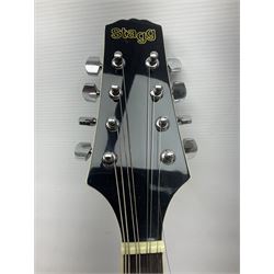 Stagg Model M50 E eight-string electro-acoustic mandolin; bears makers label L69cm; in cardboard delivery box with lead