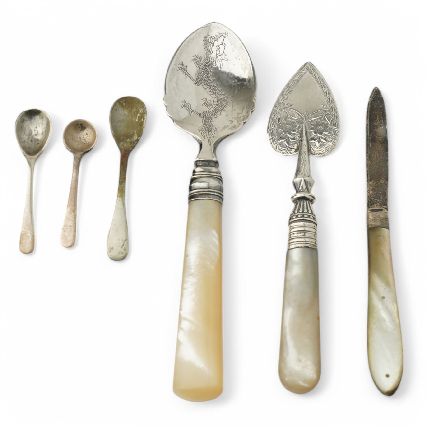 Set of six Edwardian silver coffee spoons London 1902 Maker Josiah Williams & Co, various other silver teaspoons, preserve spoons with mother of pearl handles, silver and mother of pearl fruit knife, early 19th century punch ladle, unmarked, etc
