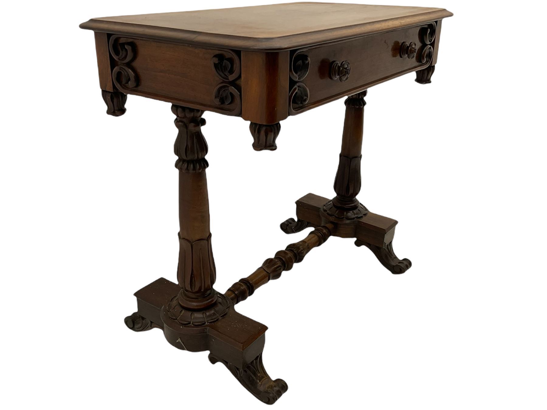 Victorian rosewood stretcher table, moulded rectangular top with rounded corners over single drawer, turned and carved twin pillar supports on platforms joined by turned stretcher, scroll carved feet