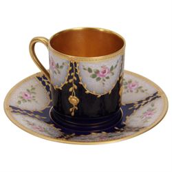 Six 20th century coffee cans and saucers, including Meissen, Royal Worcester and Dresden examples, all with internal gilt decoration