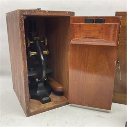 Three boxed microscopes, comprising Hawkslay & Sons Spencer Buffalo microscope no 68177, J Swift & Son microscope and R & J Back microscope no 30241