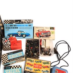 Tri-ang Scalextric Model Motor Racing set C.M.3, with five Tri-ang Scalextric slot car models, including Lotus 1961 in blue, Lotus 1961 in green, Typhoon motorbike and sidecar, B12 Hurricane motorbike and sidecar and Aston Martin DB4 GT,  all boxed, together with Merit Racing Car Assembly Kit, kit built Revell Model Racer Mercedes Benz 300SL Coupe, part built Revell Triumph TR4, Indi-Novi-Ferguson slot car and other accessories 