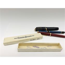 A group of four fountain pens, comprising Parker Duofold, nib marked 14K, Swan Mabbie Todd & Co Ltd Self Filler, nib marked 14C 585, Conway 57, nib marked 14ct, and Waterman Laureat. 