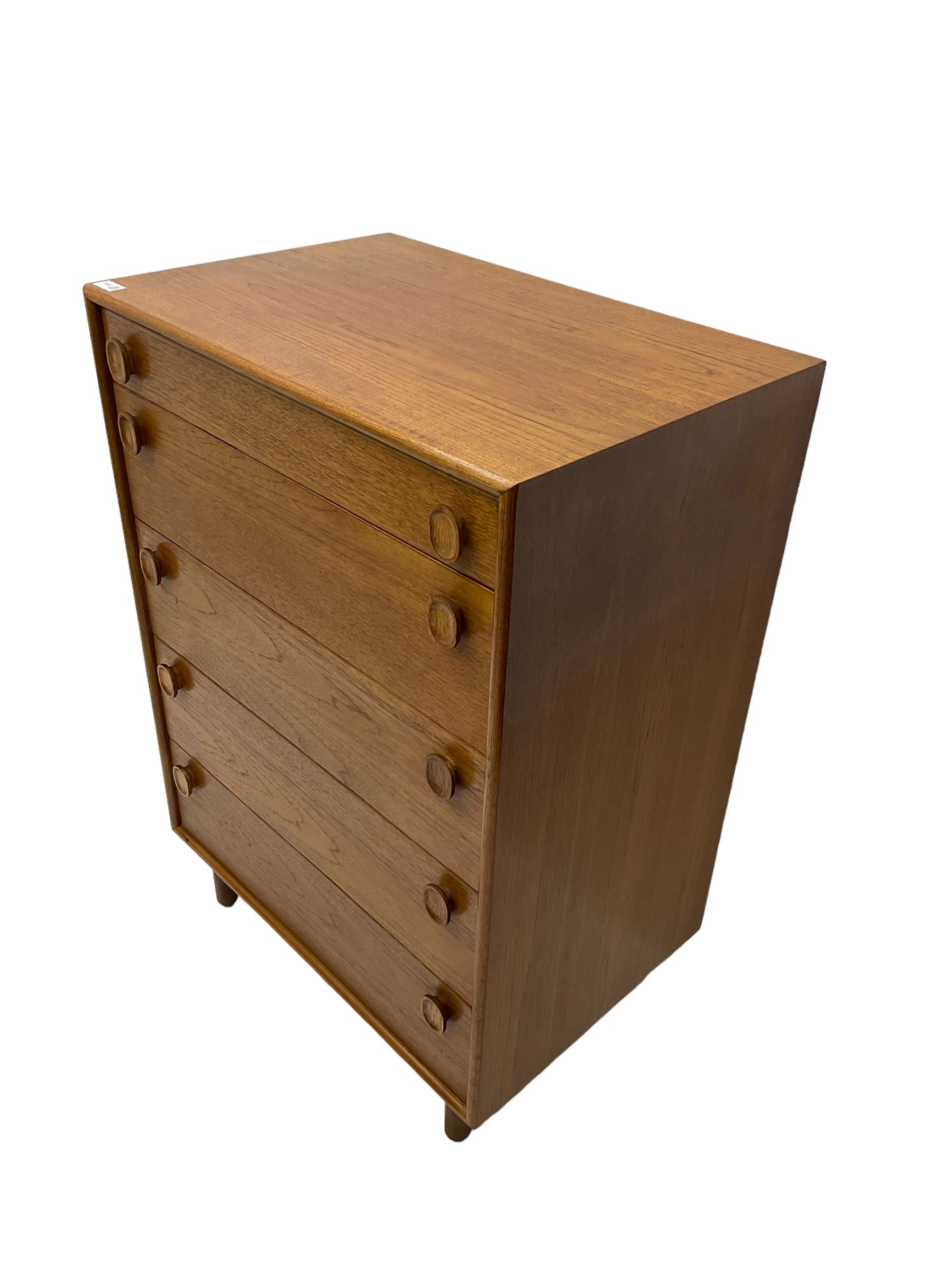 Meredew - mid-20th century teak chest of drawers, fitted with five drawers each with oval wood handles