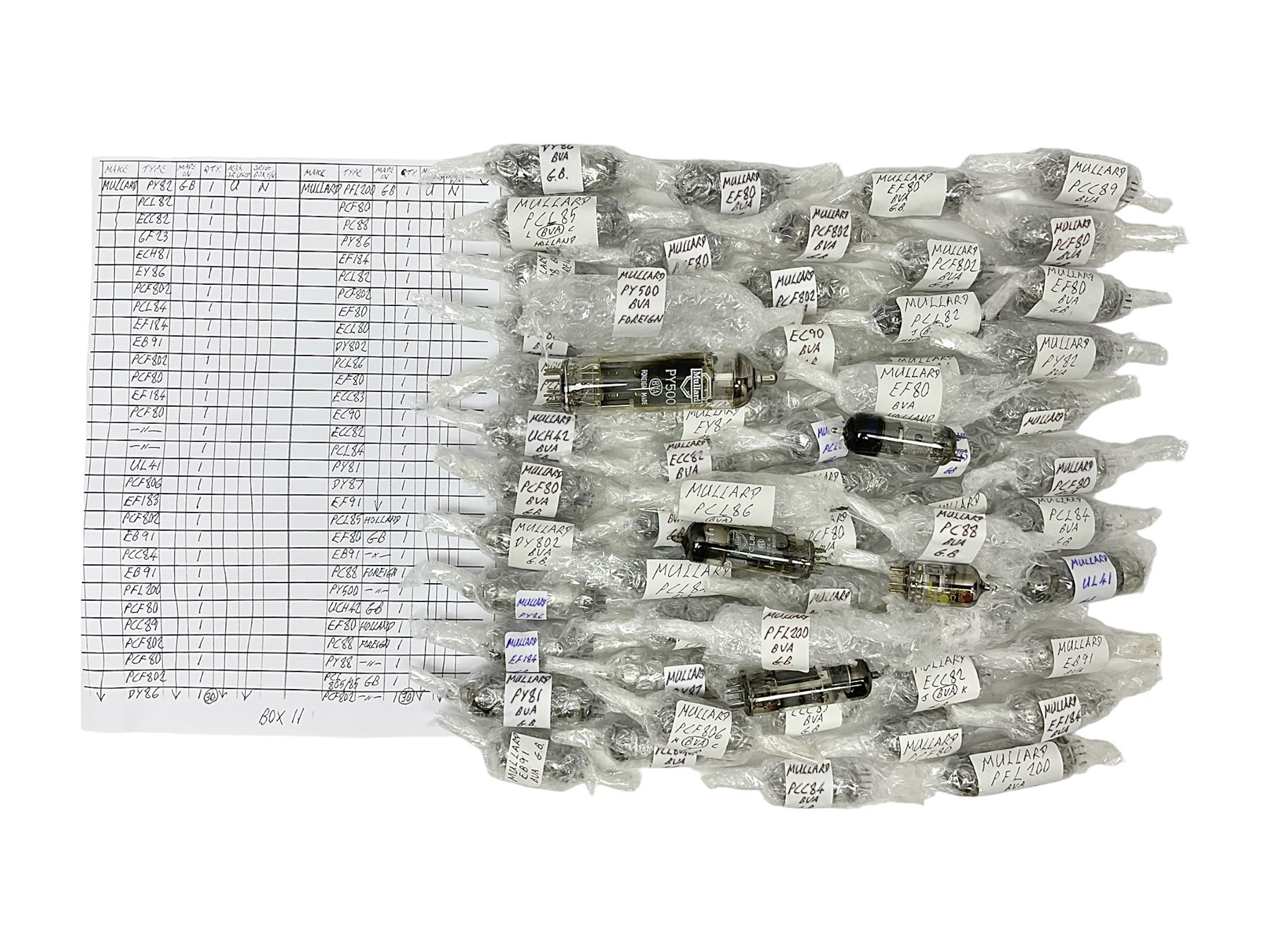 Collection of Mullard thermionic radio valves/vacuum tubes, including PY500, PFL200, EF80, PC88, PCL86, etc approximately 60 as per list, unboxed