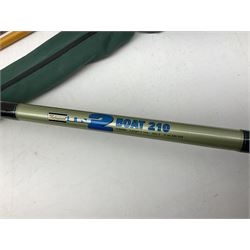 Quantity of fly and sea fishing rods and accessories, to include Shakespeare Boat 210 rod, Daiwa rod and others, and Guang Zhao FLD9000 course fishing reel, Beachmaster 7000FD, Rimfly II amd Penn Super Mariner, tackle etc