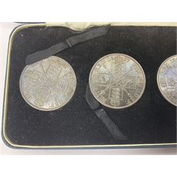Five Queen Victoria silver double florin coins, dated 1887 Roman 1, 1887 Arabic 1, 1888, 1889 and 1890, housed in a 'Double Florin Specimen Type Set' case