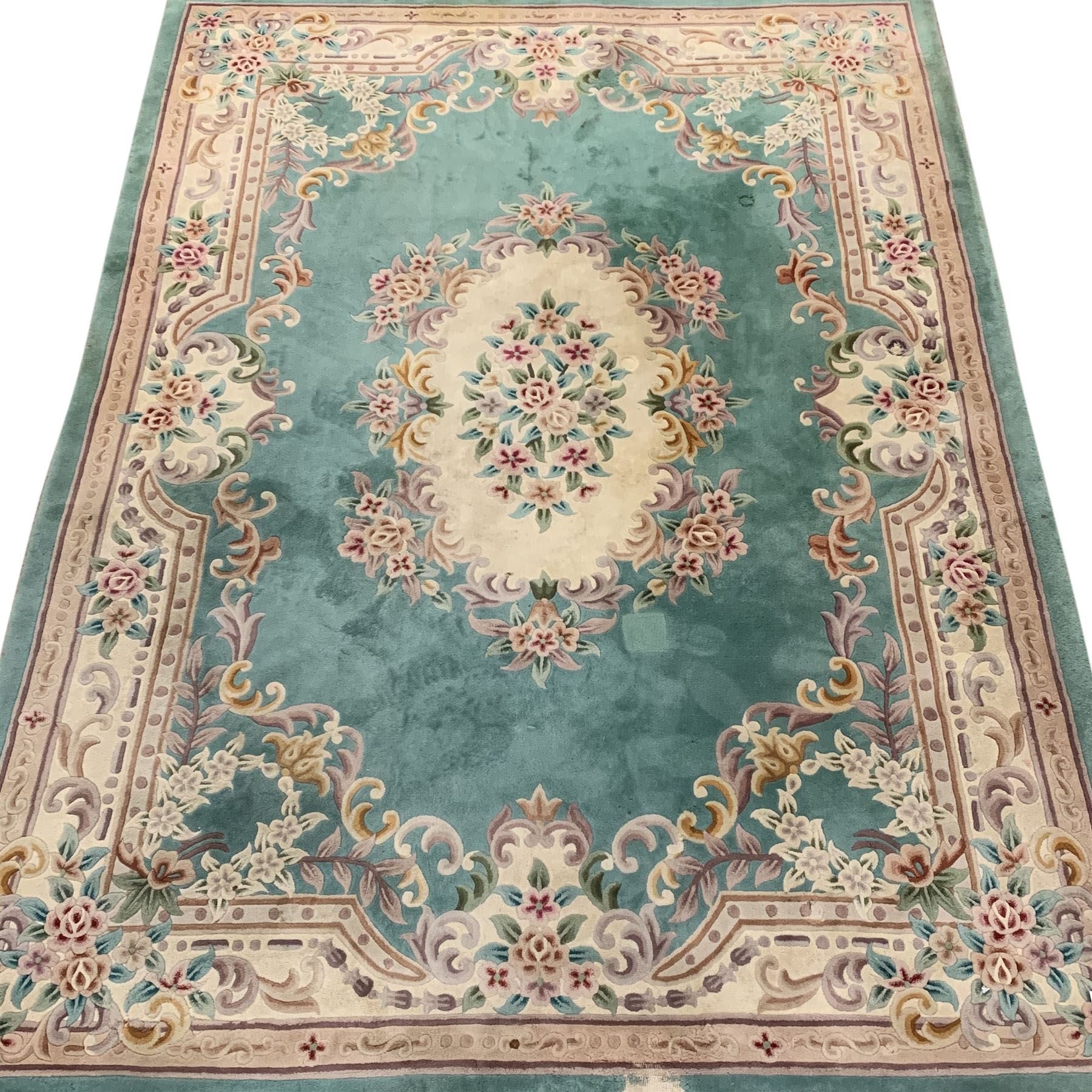 Large Chinese wash woollen turquoise ground rug carpet, 358cm x 255cm
