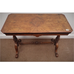  Victorian walnut swivel folding card table, green baize, turned and carved supports with single stretcher, 96cm x 94cm, H72cm  
