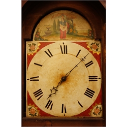  Early 19th century oak and mahogany longcase clock, dial painted with lady in garden scene, 30-hour movement striking on bell, H223cm  