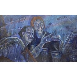 Martin Jones (British Contemporary): Blue Ladies, oil on canvas unsigned 86cm x 139cm