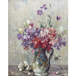 Owen Bowen (Staithes Group 1873-1967): Still Life of a Spring Bouquet, oil on canvas signed, part Royal Institute of Oil Painters label and James Bourlet label verso, 47.5cm x 37.5cm 