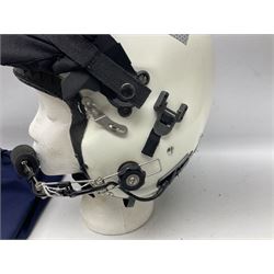 RAF Alpha MK 4 helicopter pilot's flying helmet, finished in white for civilian/rescue service use; reconditioned and avionics tested as working; black cloth cover to visor; fitted with boom microphone; medium size; in blue cloth carrying bag