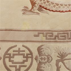 Late 20th century Chinese wool carpet, cream field with five stylized dragons arranged in a circular formation around a central flaming pearl motif, dragons depicted with elongated bodies and clawed feet amongst stylized cloud forms, enclosed within a narrow inner border and a wider outer border decorated with traditional Chinese motifs and symbols