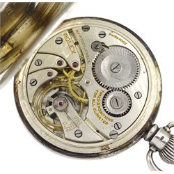 Early 20th century open face keyless lever presentation pocket watch by Rolex, white enamel dial with Roman numerals and subsidiary seconds dial, case by Dennison Watch Case Co, Birmingham 1928, retailed by William Greenwood & Sons, Leeds & Huddersfield