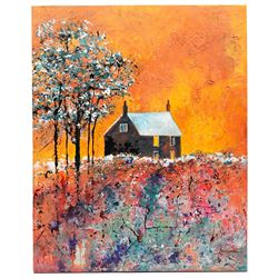 Ann Lamb (British 1955-): House on the Hill, mixed media signed 50cm x 40cm (unframed)