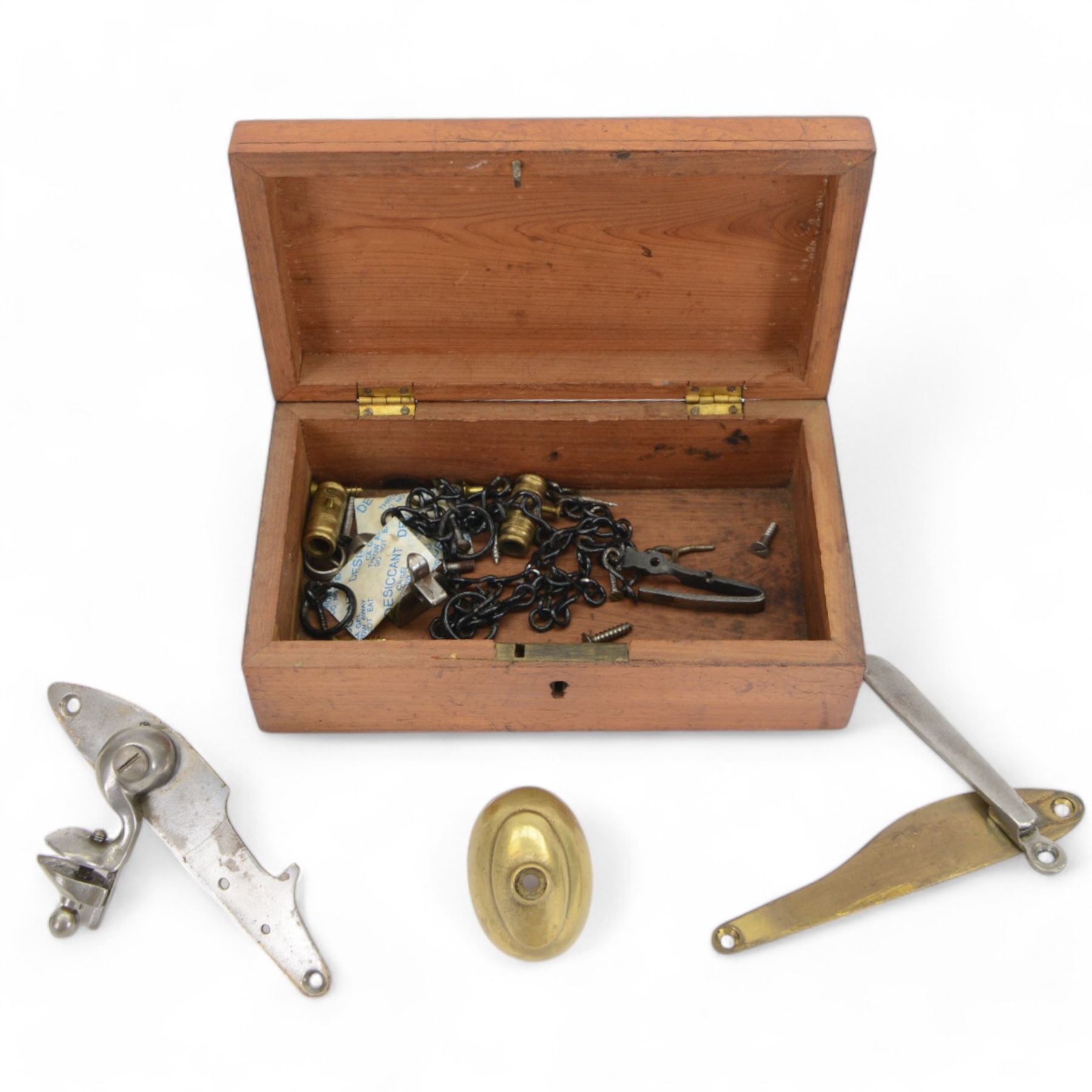 Horn powder flask, together with copper flask and a box of gun parts  