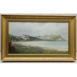 Robert Sheader (British 20th century): Figures on the South Bay Scarborough, oil on board signed 31cm x 59cm