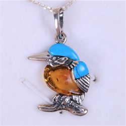 Silver amber and tortoise shell Kingfisher pendant necklace, boxed