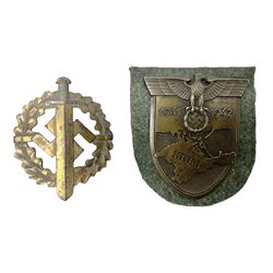 German Crimea arm-shield badge (Krimschild), on backing cloth; and German SA Sports badge marked verso Karl Hensler Pforzheim Eigentum Sportabzeich Hauptstelle (2)