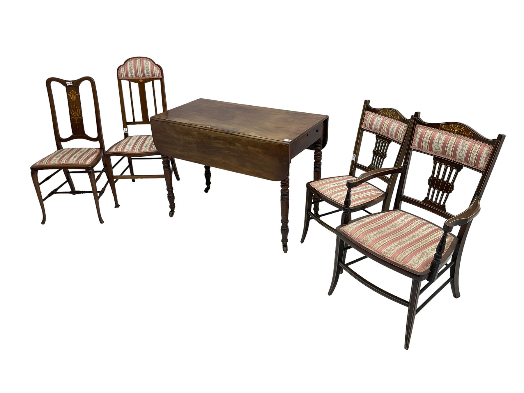 19th century mahogany drop leaf Pembroke table, single drawer, raised on ring turned supports with castors(W101cm D54cm H74cm), and four Edwardian inlaid dining chairs