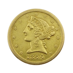 American 1844 gold five dollar coin, New Orleans mint mark