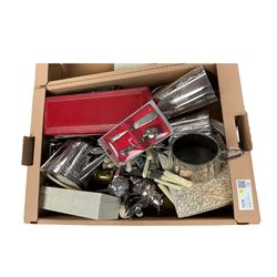 Brass jam pan, together with collection of silver plate and other collectables, in two boxes 