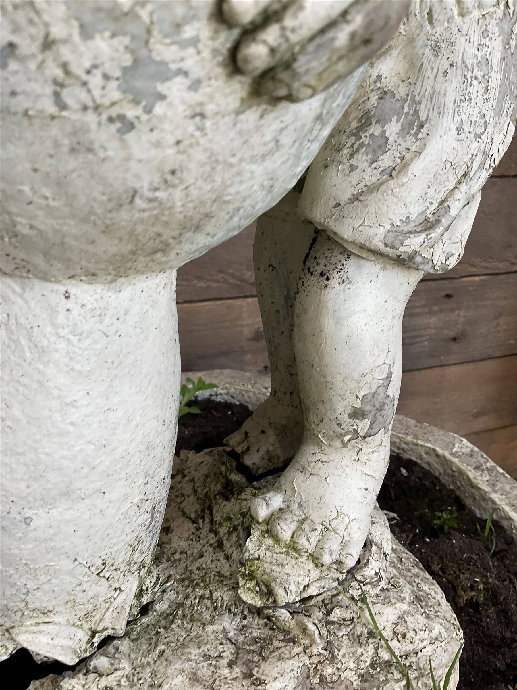Four cast stone maiden figures, small bird bath and planter
