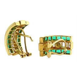 Pair of 18ct gold green and white paste stone set half hoop stud earrings, stamped 750