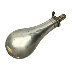 Large German silver powder flask with plain body and brass mounts by Dixon & Sons Sheffield H23cm