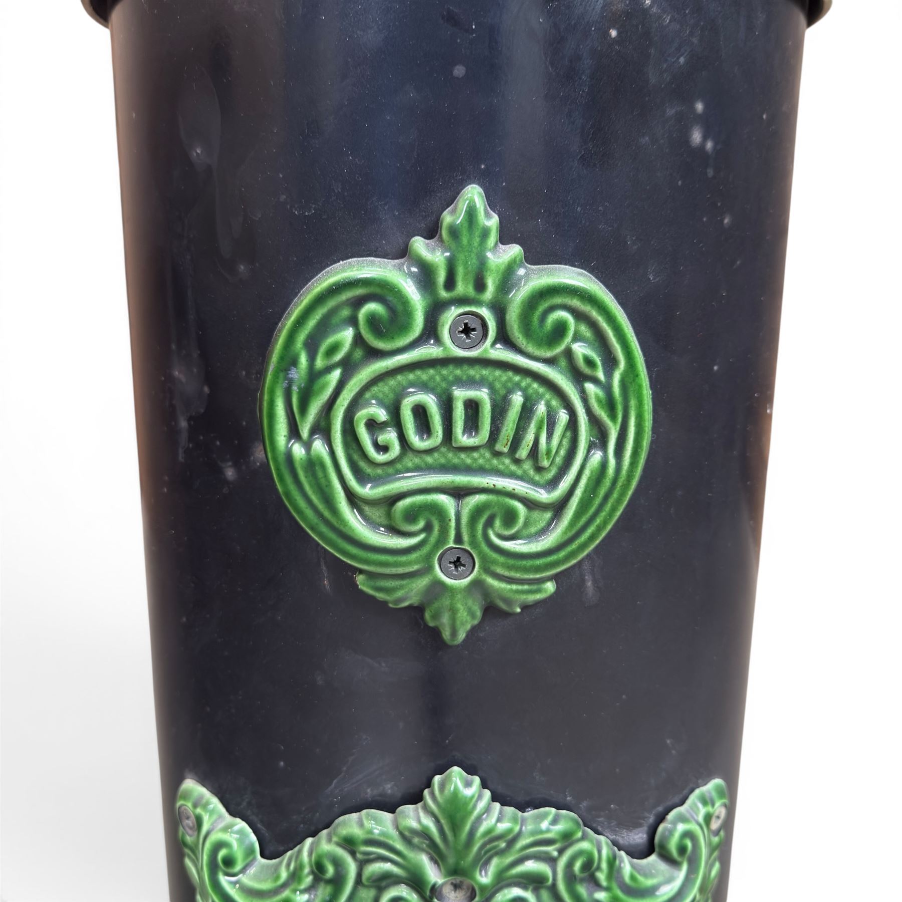 French Godin cast iron enamel stove, circular form, finished in green and black paint