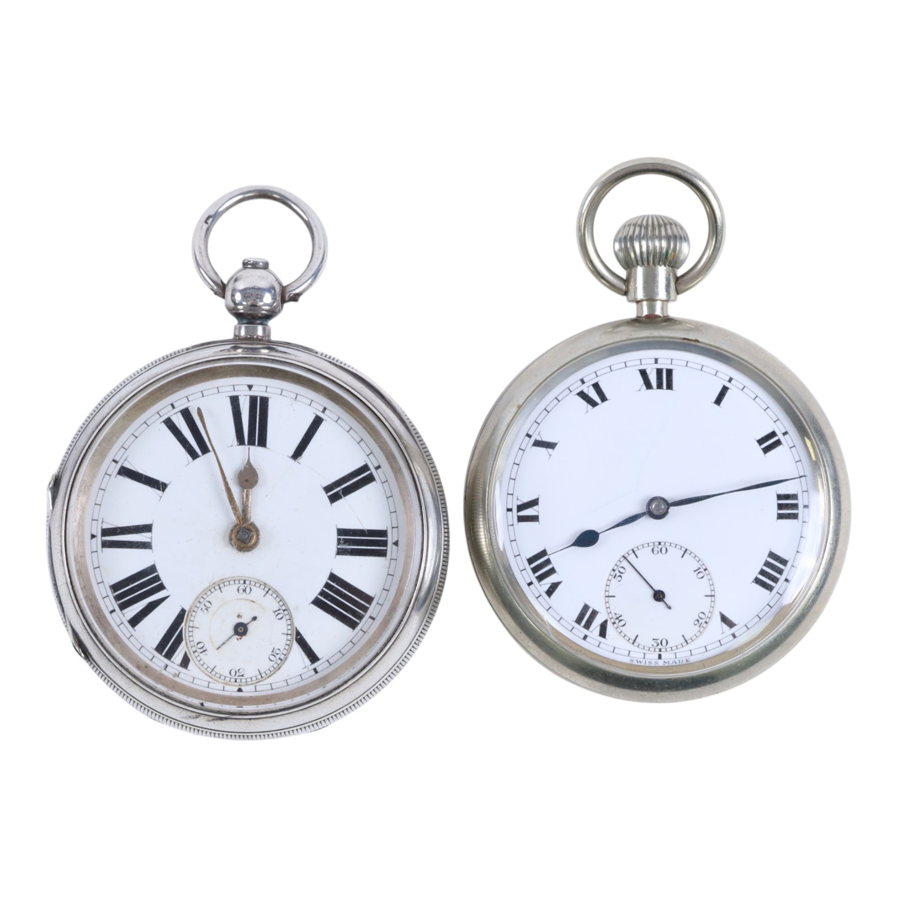 Two pocket watches, comprising silver open-faced example with enamel dial and subsidiary seconds dial, hallmarked and a military issued example engraved B39693 with broad arrow verso