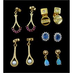 Three pairs of 9ct gold pendant stud earrings to include opal, ruby and pearl, pair of 9ct gold blue topaz and diamond cluster stud earrings, all stamped or hallmarked and a pair of silver-gilt cubic zirconia earrings, stamped 925