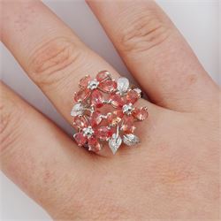 18ct white gold padparadscha sapphire flower head ring, three flower heads, each set with five pear cut sapphire petals, Birmingham 2006, total sapphire weight approx 2.65 carat