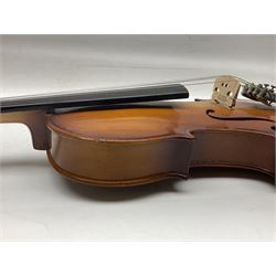 Chinese Parrot violin with 35.5cm two-piece back; L59.5cm in carrying case; and early 20th century German violin for restoration; bears label 'Antonius Stradivarius Faciebat Anno 1730'; cased with bow (2)
