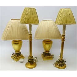  Pair classical style gilded table lamps on square base by Peter Martin Designs and a a pair tall table lamps with candle effect sconces, H54cm  