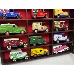 Collection of die-cast vehicles to include Corgi, Dinky, Lledo and Days Gone, housed in six wood display units